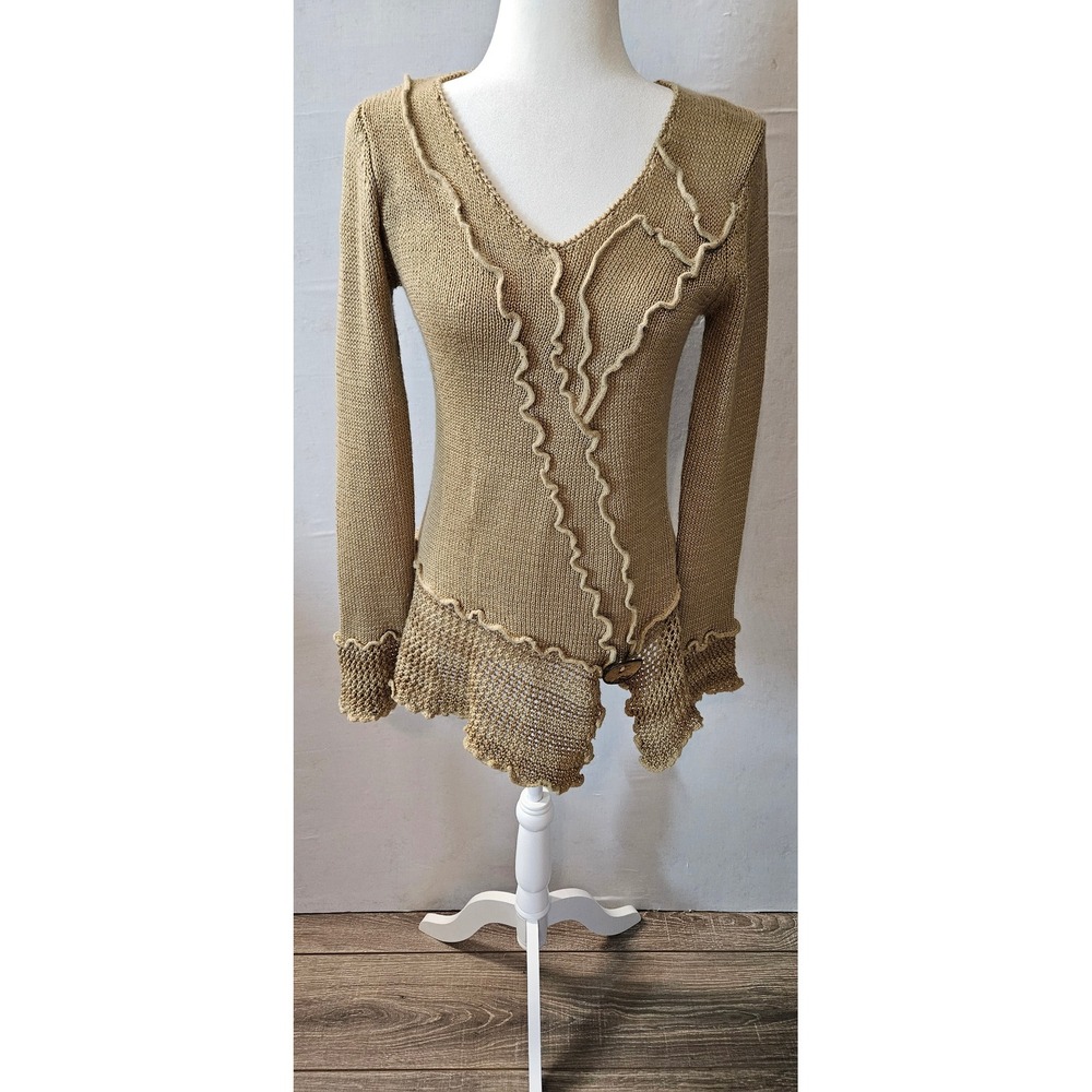 Boston Proper Women Tan Gold Asymmetrical Ruffle Knit Sweater V-Neck Top Small